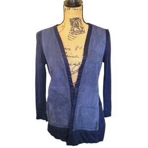 XS Ecru Genuine Suede Leather & Linen Navy Blue V-neck Cardigan Sweater